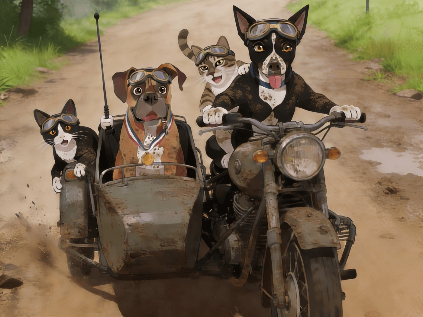 SIDECAR — a motorcycle and sidecar carrying the four SIDECAR mascots